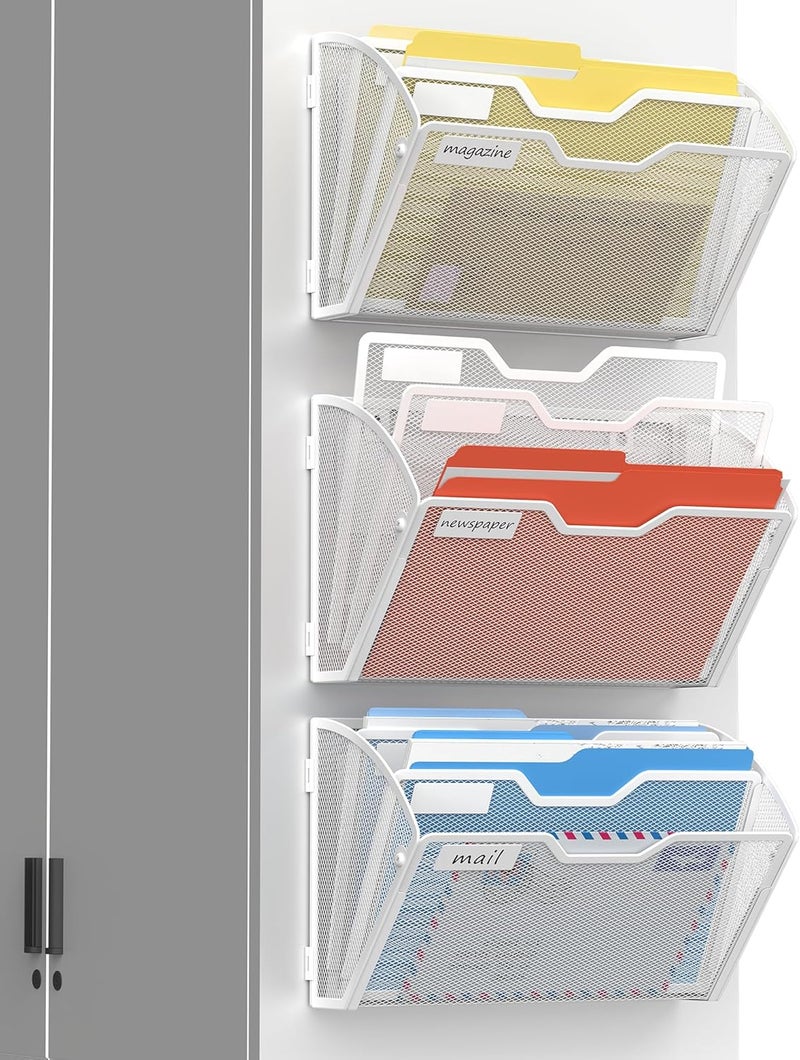 Docnest 3 Tier 3 Pack Magnetic Wall Mounted File Holders,Mesh Letter Organizer, Magnetic Hanging Mail Paper Document Organizer for Office, Home, School, White - Image 1